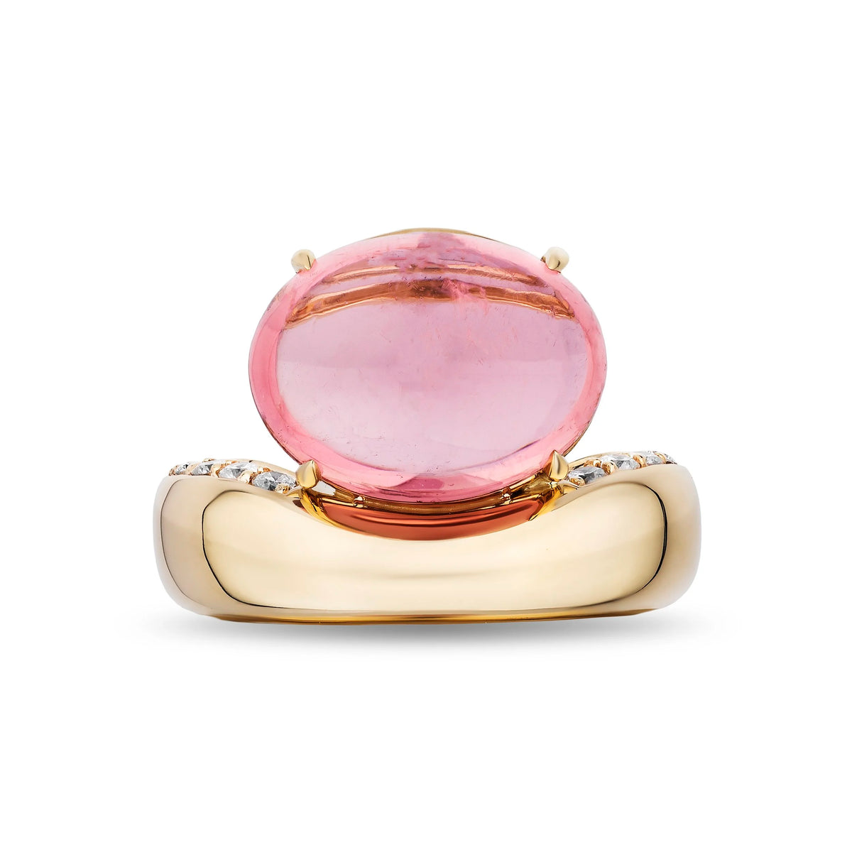 A yellow gold ring featuring a large, oval-cut pink gemstone in a prong setting, with small clear stones along the shoulders of the band, shown on a plain white background.