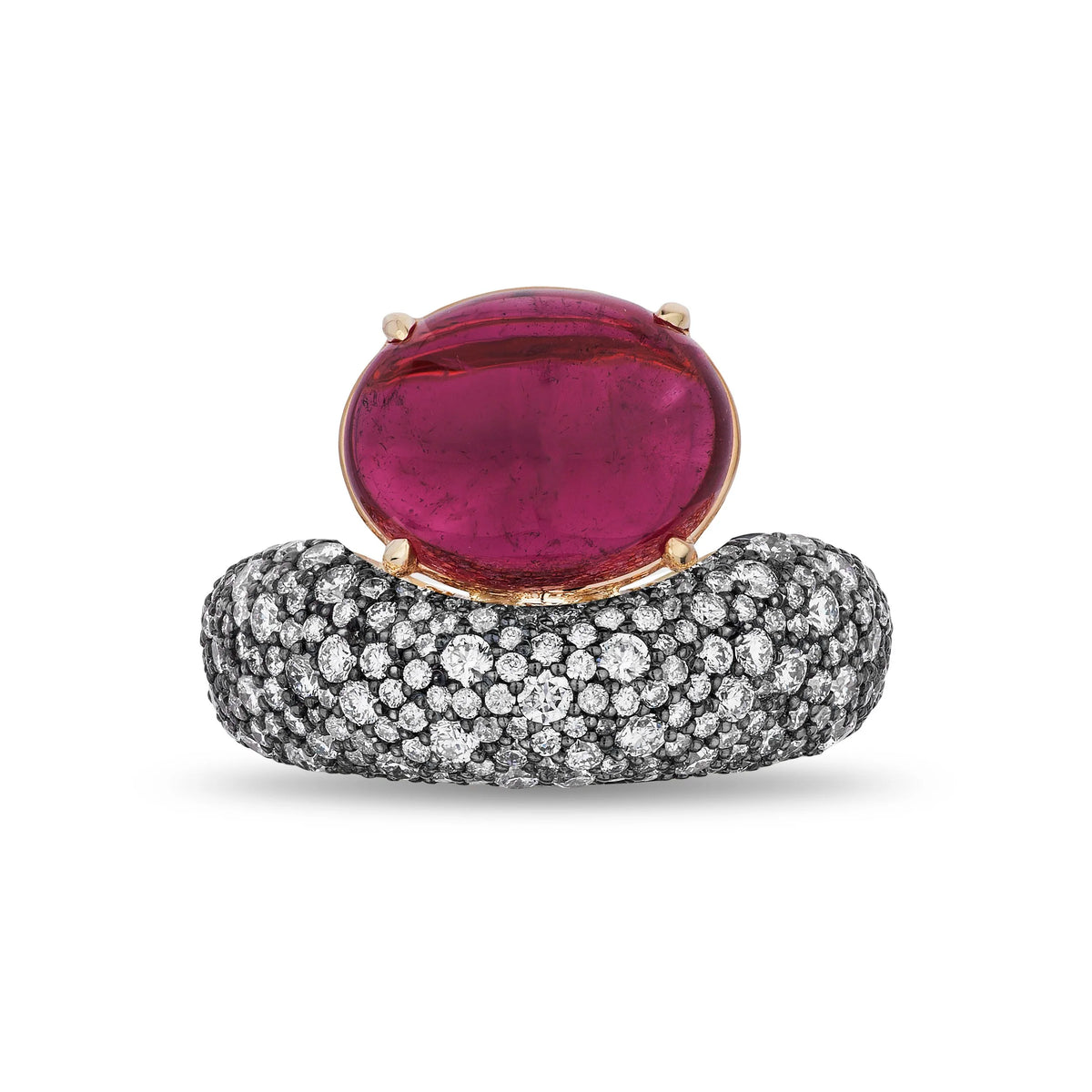 A luxury ring featuring a large oval-cut deep pinkish-red ruby center stone in a yellow gold setting, mounted on a wide band paved with small black diamonds and accented with gold details.