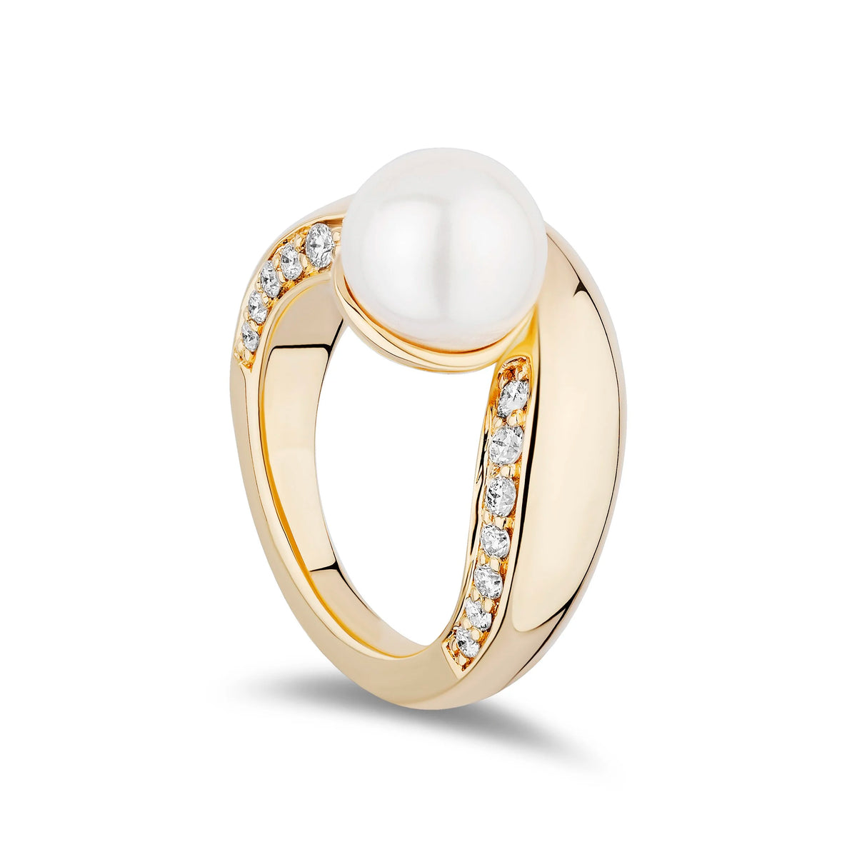 A gold ring featuring a large white pearl and small clear stones, shown on a clean white background.