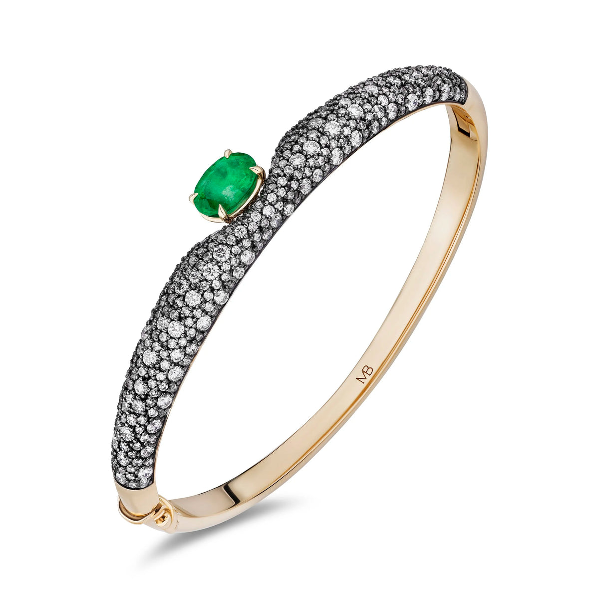 A curved yellow gold bangle bracelet featuring a pavé-set row of small clear stones and a central oval-cut green emerald, shown on a white background.