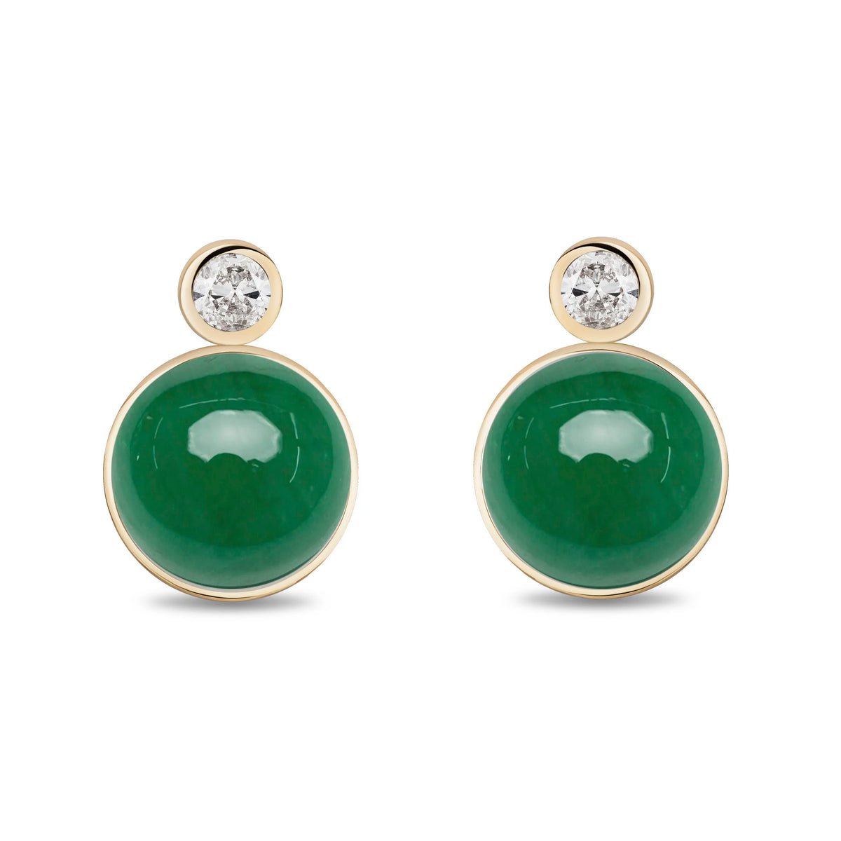 A pair of gold stud earrings featuring a round green onyx and a small diamonds at the top, set in a yellow gold bezel on a white background.