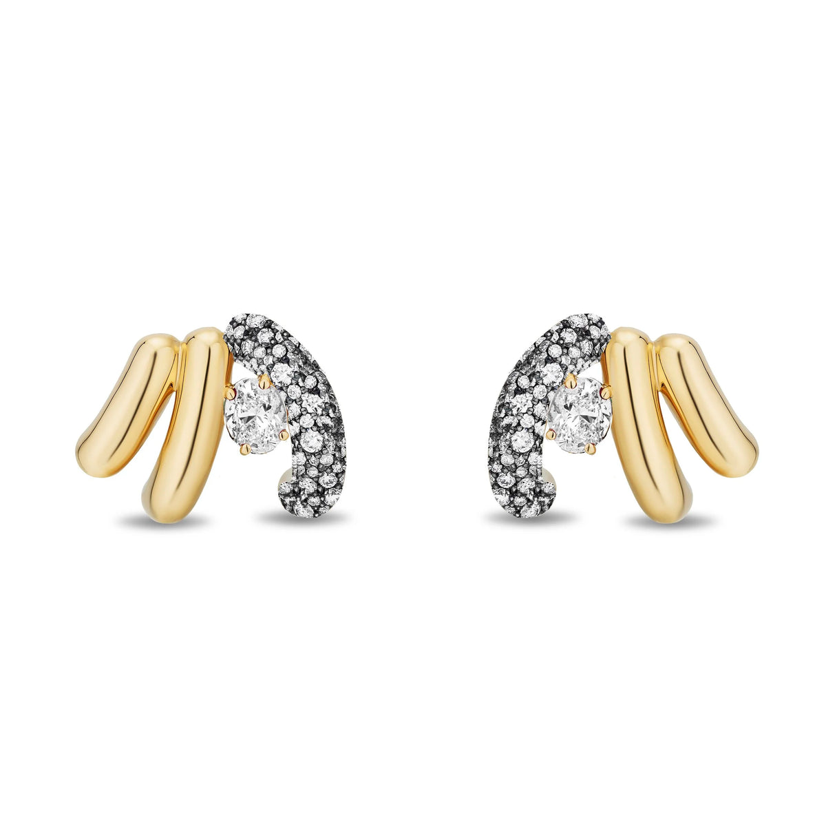 A pair of gold and diamond stud earrings with a curved, multi-bar design, featuring yellow gold bars and pavé-set clear diamonds on a white background.