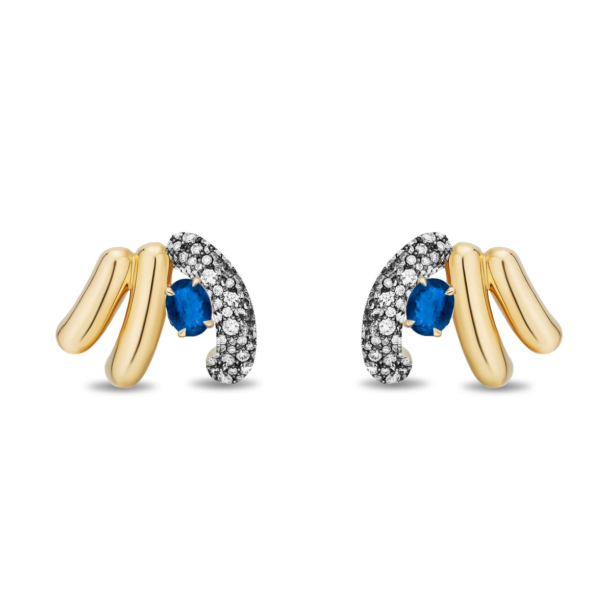 A pair of gold and diamond stud earrings with oval blue sapphire centers, shown on a plain white background.