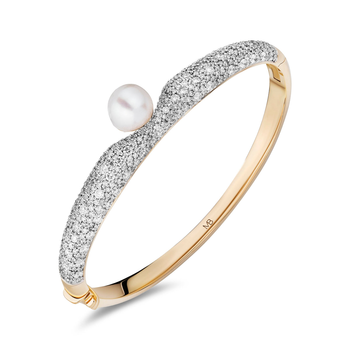 A yellow gold hinged bangle ring featuring a pavé-set diamond band with a single white pearl resting on top, shown on a clean white background.