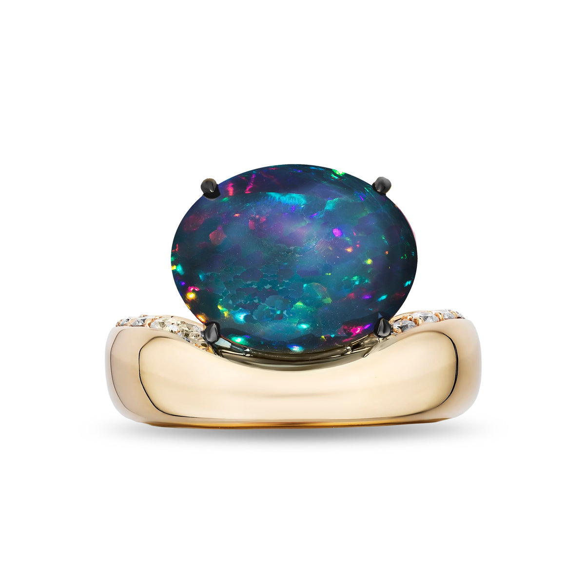 A yellow gold ring featuring a large oval-cut dark opal with vibrant blue, green, and pink flashes, accented by small clear stones on the shoulders, set against a plain white background.