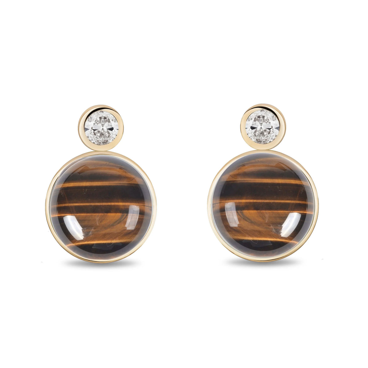 A pair of gold round stud earrings featuring a small clear round-cut diamond at the top and a larger circular cabochon below with natural tiger's eye bands, set in gold on a white background.