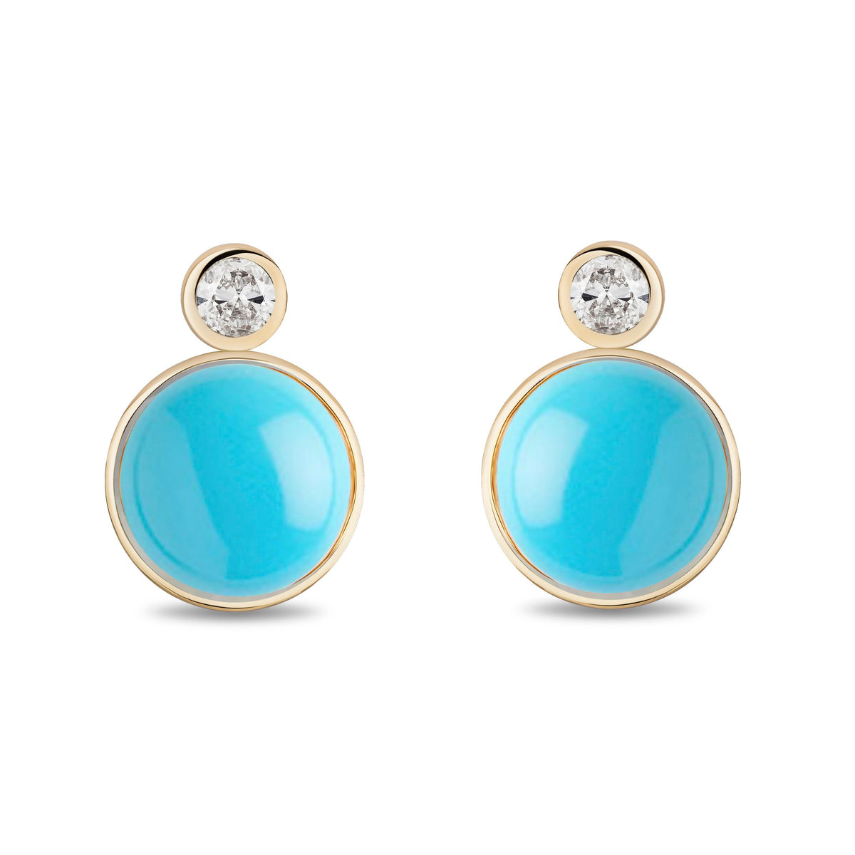A pair of gold stud earrings featuring a large round cabochon turquoise stone and a small clear round-cut diamond above it, set in gold bezels on a white background.