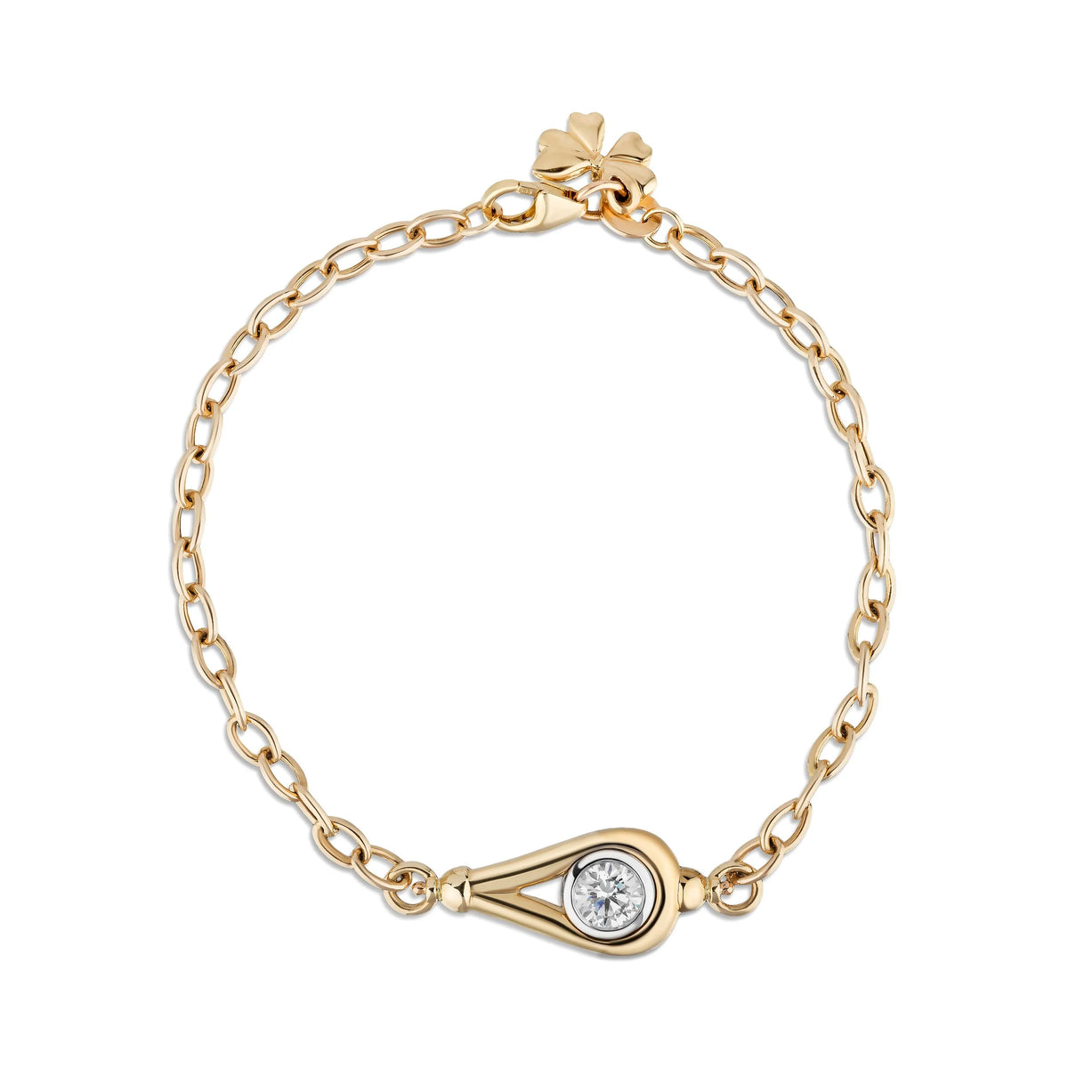 A gold chain bracelet with a teardrop-shaped charm featuring a clear round diamond, displayed on a clean white background.