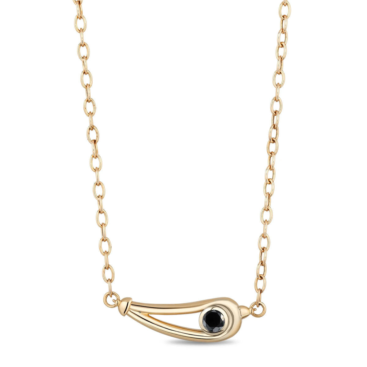 A gold chain necklace with a curved gold pendant featuring a small, round black diamond, shown against a plain white background.