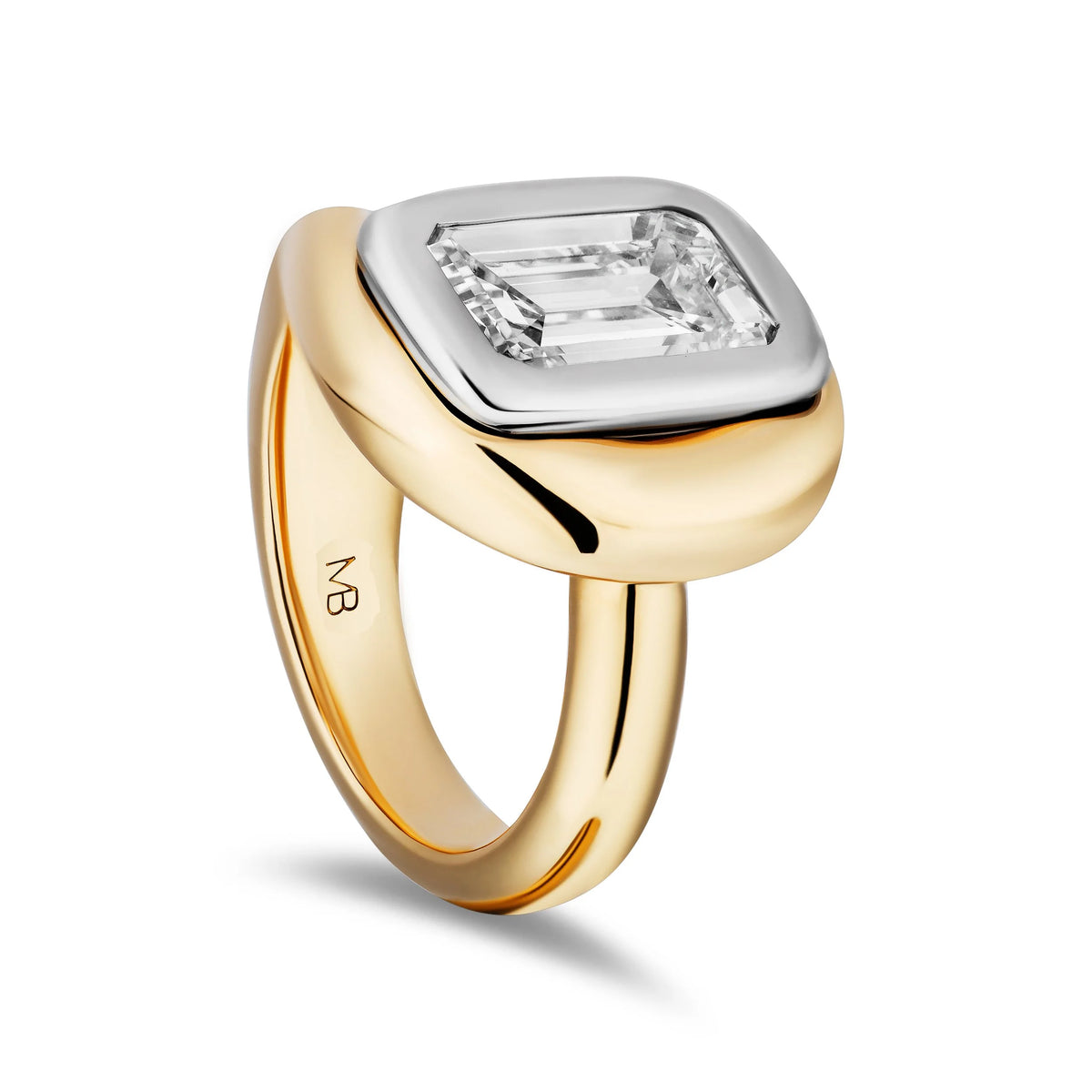 A two-tone yellow gold and silver ring featuring a large square-cut clear gemstone. The ring is shown at an angle on a clean white background, with a gold 'NB' hallmark visible on the inner band.