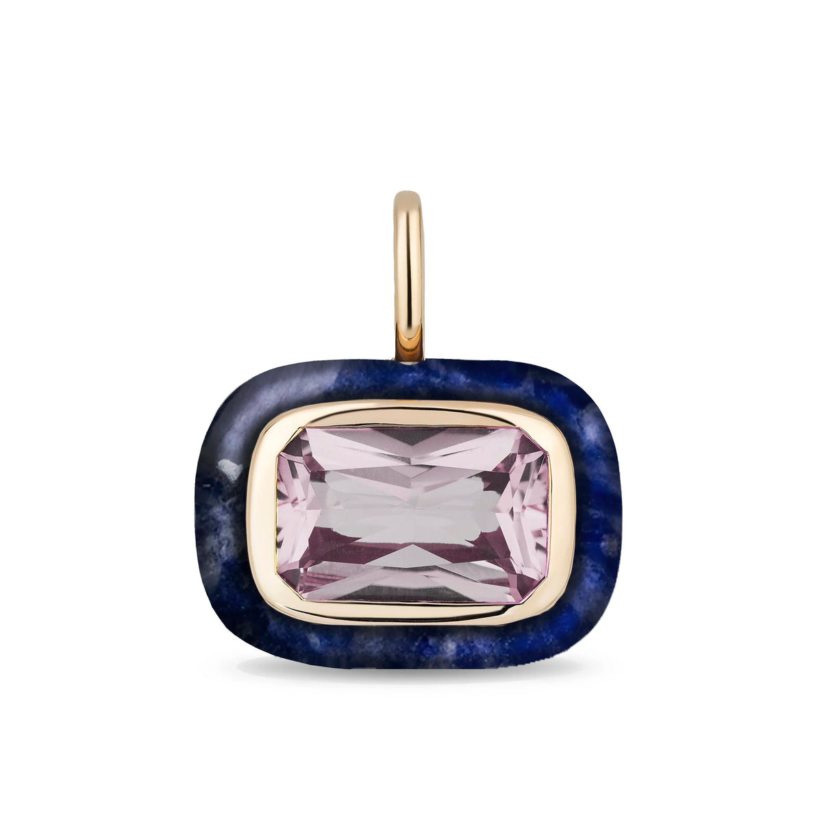 A rectangular pendant featuring a faceted rose de france amethyst in a gold-toned bezel, surrounded by a sodalite border, shown on a plain white background.