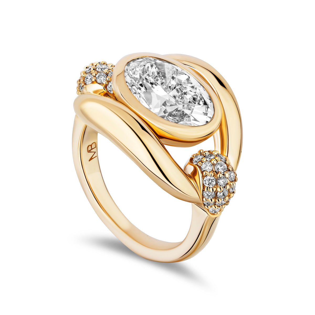 A yellow gold ring with a large oval-cut clear center stone and smaller diamond accents on the shoulders, shown on a clean white background.