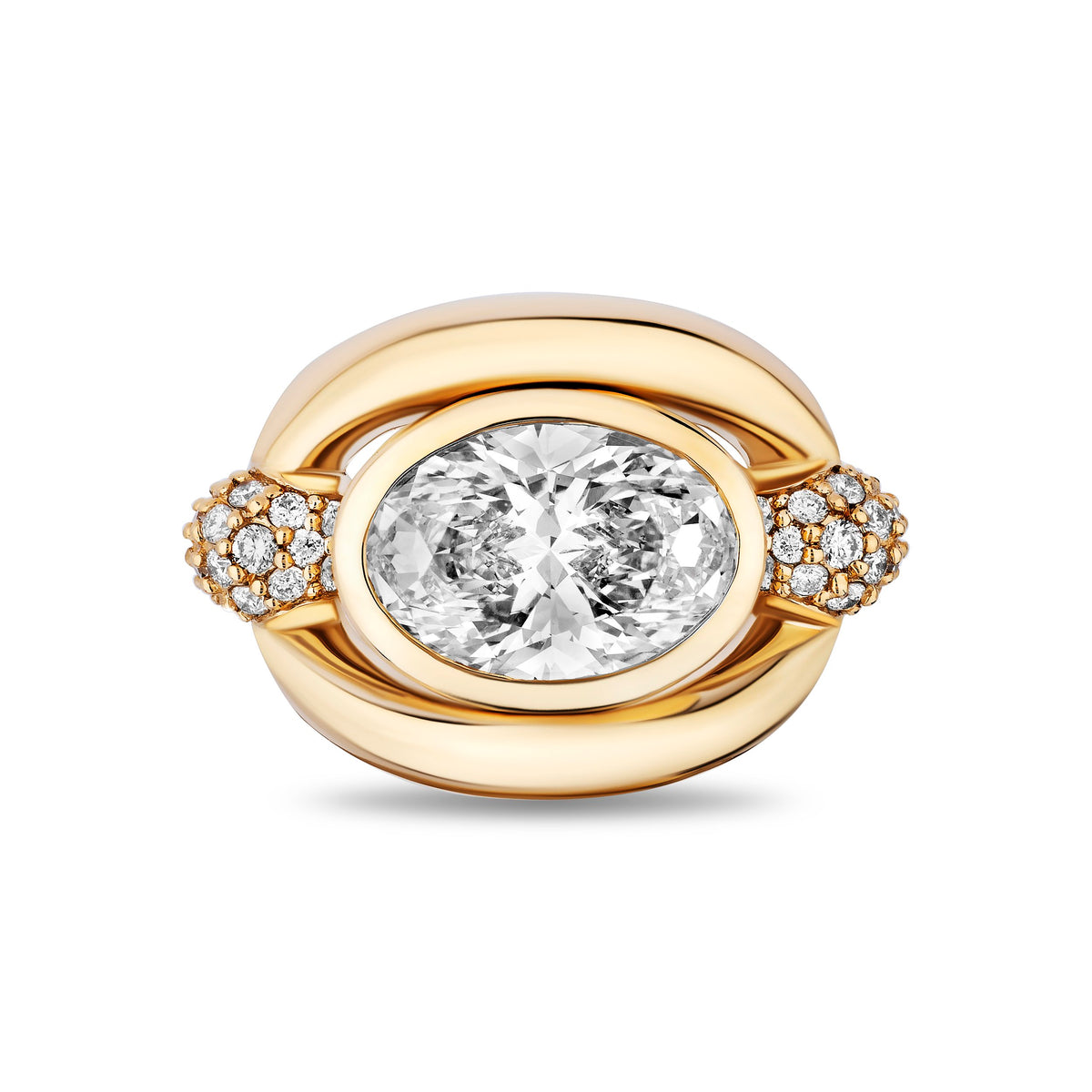 A yellow gold ring featuring a large oval-cut clear center stone, flanked by pavé-set small clear stones on either side of a curved gold band, shown on a plain white background.