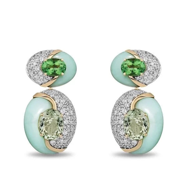 A pair of drop earrings featuring oval light aqua stones, round green peridot gemstones, and pavé-set diamonds in yellow gold settings, shown on a white background.