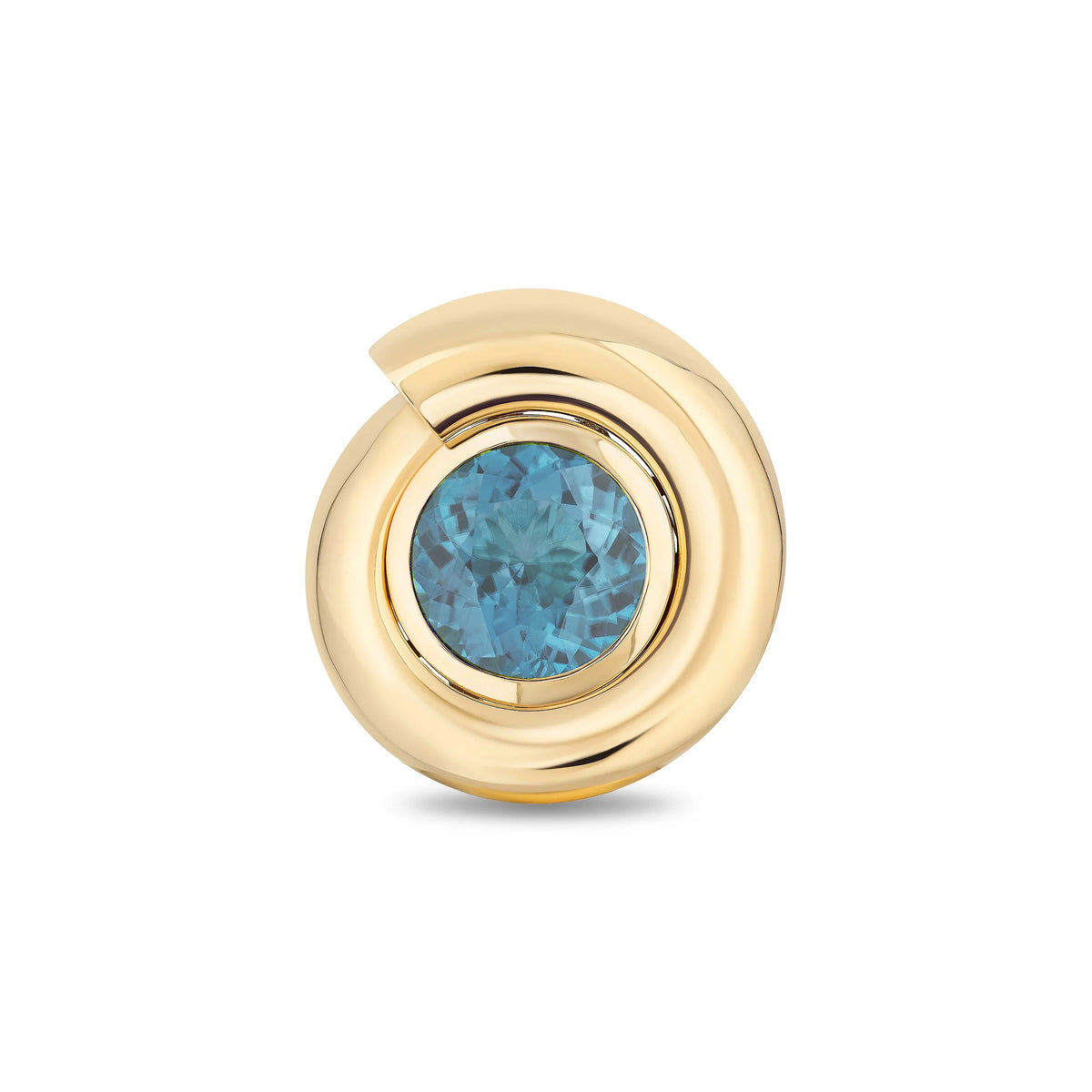 A gold circular ring featuring a round-cut light blue gemstone in the center, set against a clean white background.