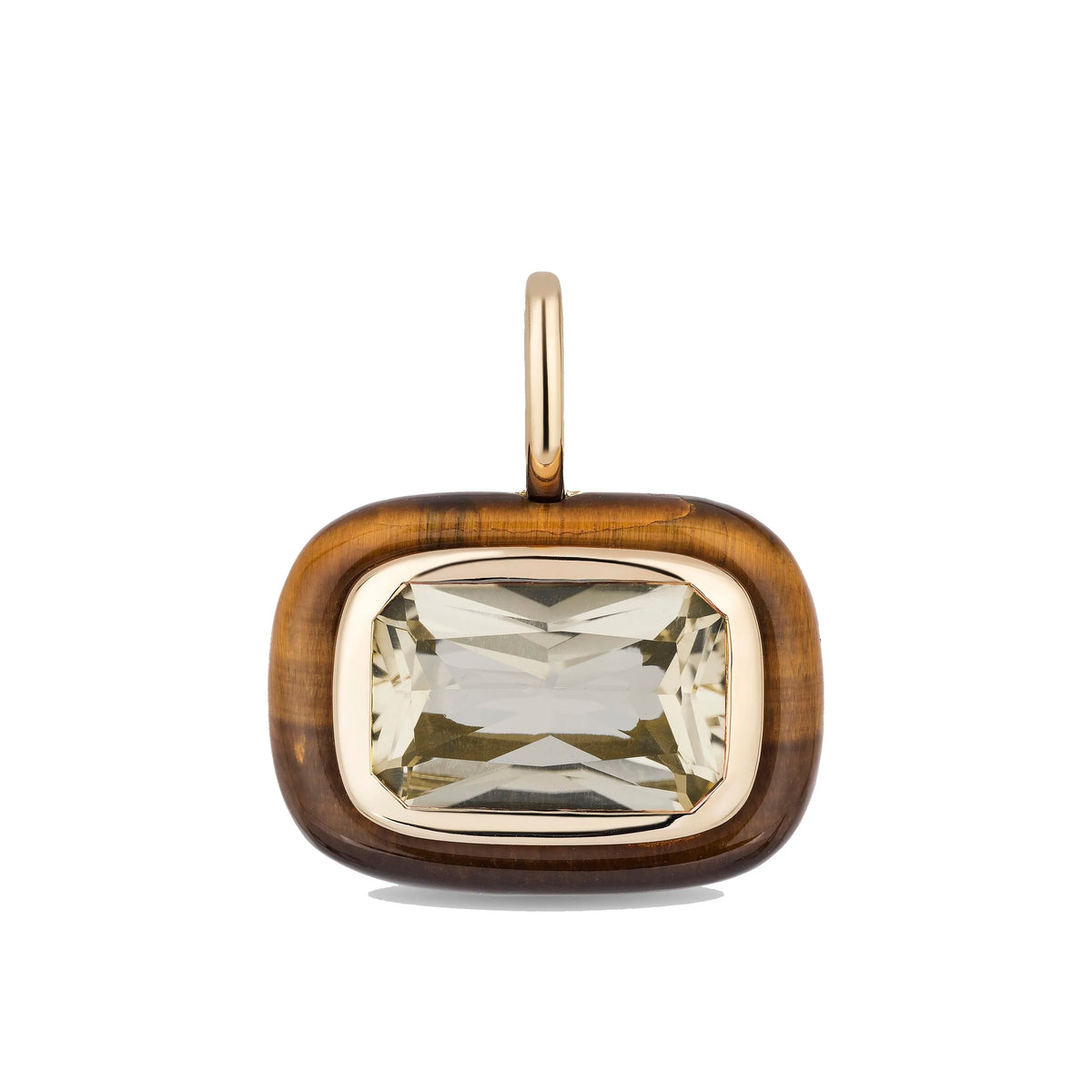 A rectangular pendant featuring a cushion-cut lemon topaz in a gold bezel setting, surrounded by a polished brown tiger's eye frame with a gold bail at the top, shown on a plain white background.