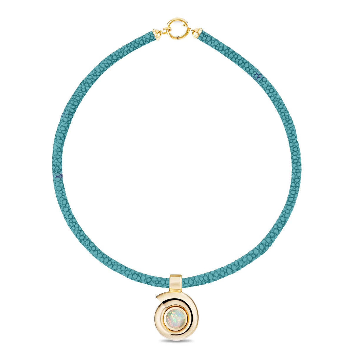 A turquoise sting ray leather necklace with a gold-toned circular pendant featuring an iridescent inlay, displayed on a clean white background.