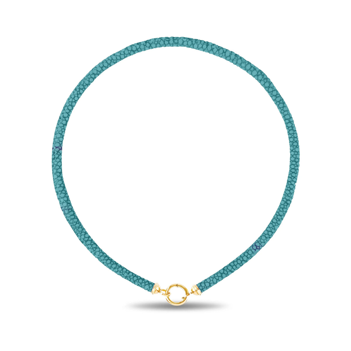 A teal sting ray leather necklace with a gold clasp, displayed on a clean white background.