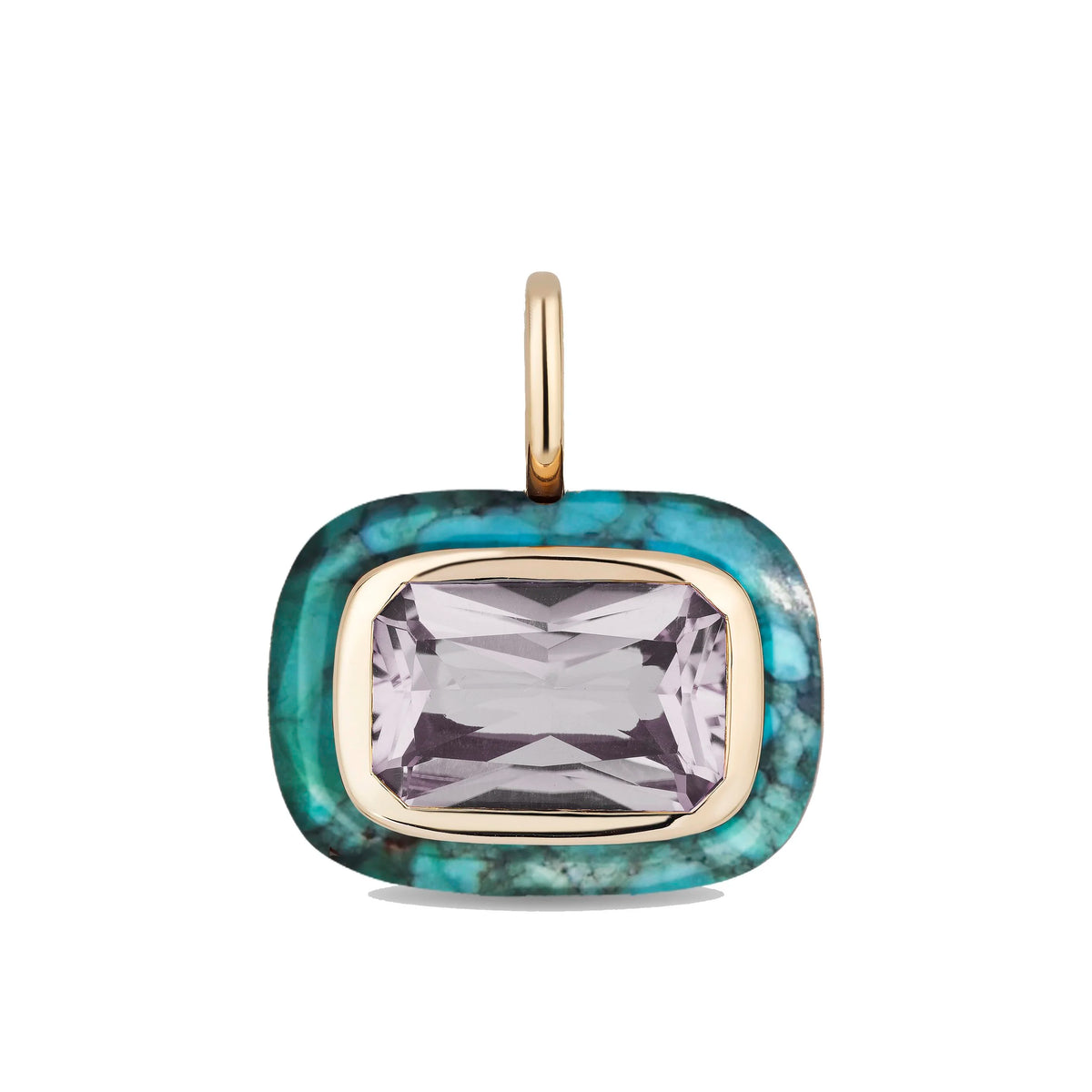 A rectangular pendant with a faceted rose de france in a gold-tone bezel, surrounded by a turquoise and green marbled stone inlay, on a white background.