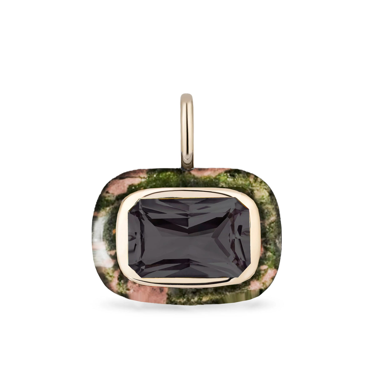 A rectangular pendant with a dark smoky topaz center stone, surrounded by a gold-tone frame and a unakite outer border of green, pink, and white marbled or mossy pattern, shown on a plain white background.
