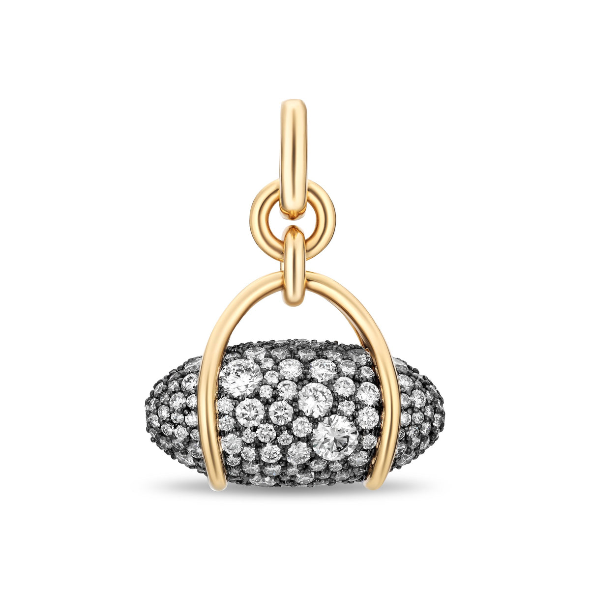 A gold pendant charm featuring a pavé-set oval cluster of diamonds on the front, framed by a gold arch and topped with a gold bail, shown on a plain white background.