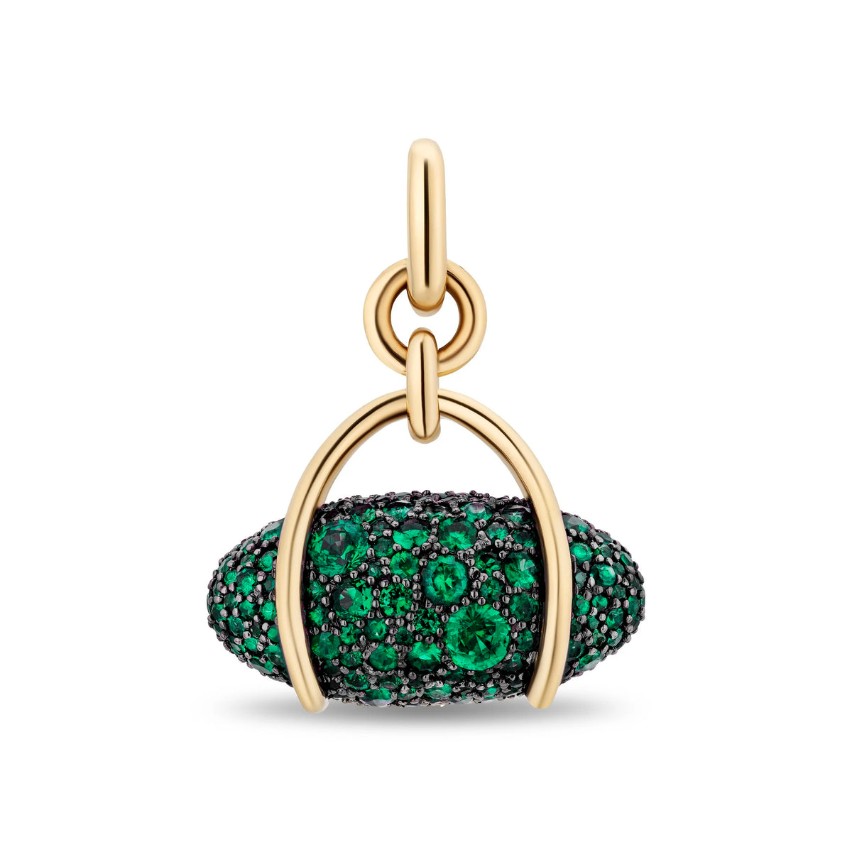 A gold pendant featuring a pavé-set oval cluster of emeralds, framed by a gold double-arch design, on a plain white background.
