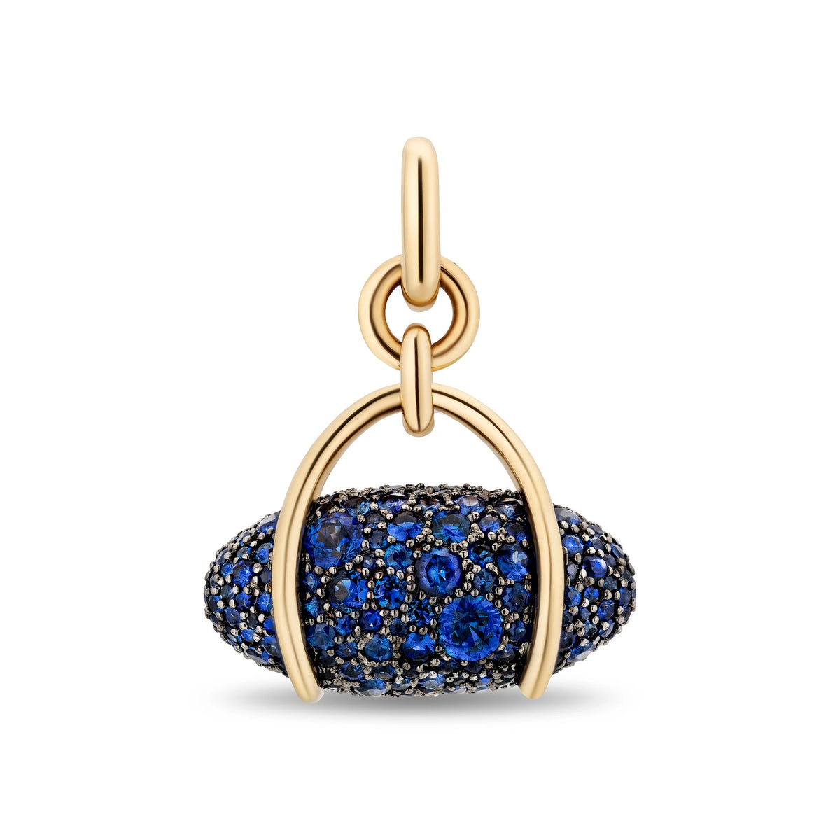 A gold pendant featuring a pavé-set oval cluster of deep blue sapphires, framed by a polished gold arch and topped with a gold bail, shown on a plain white background.