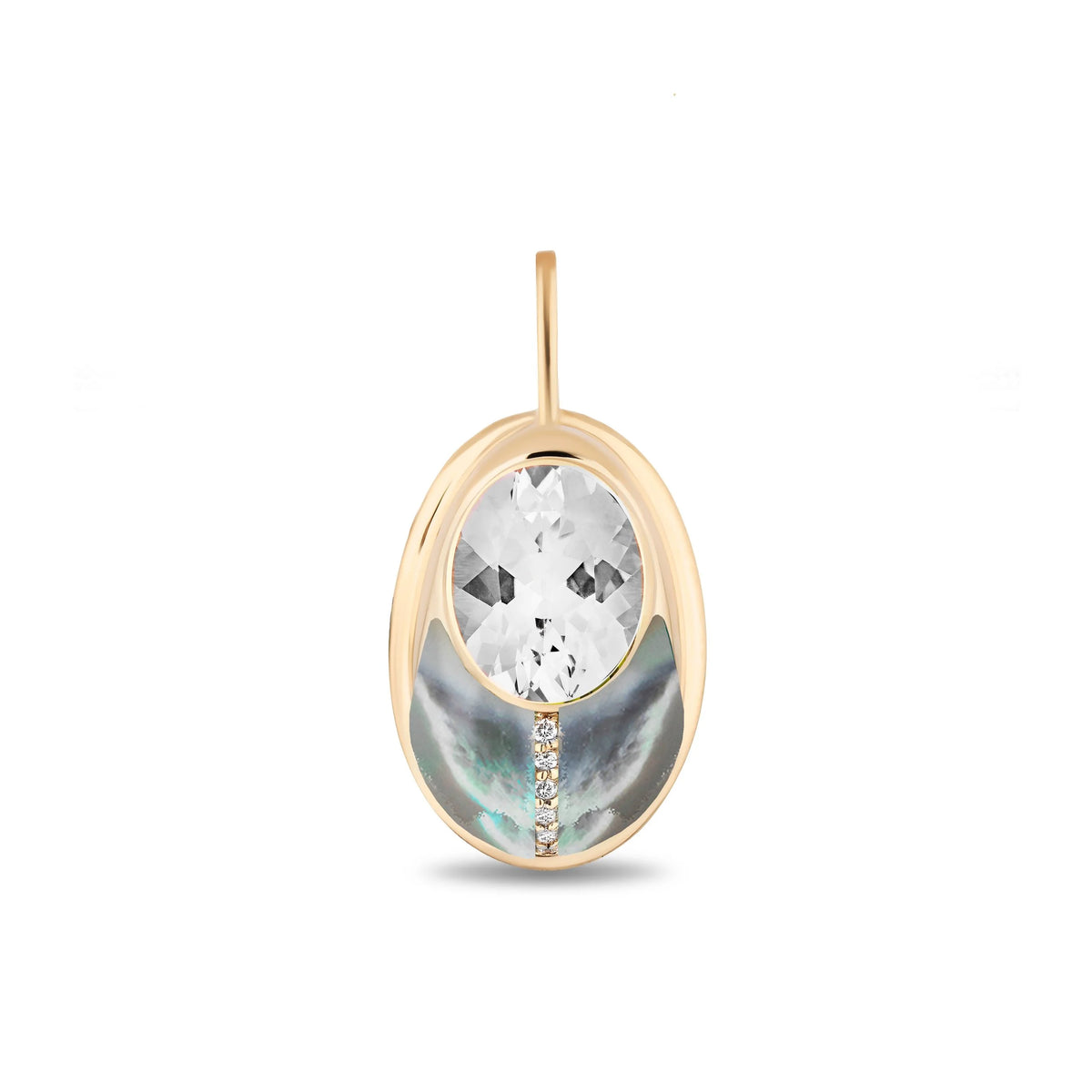 A Mason and Books love bug pendant featuring a round white topaz gemstone, a curved black mother pearl inlay, and a small vertical line of diamonds, shown on a plain white background.